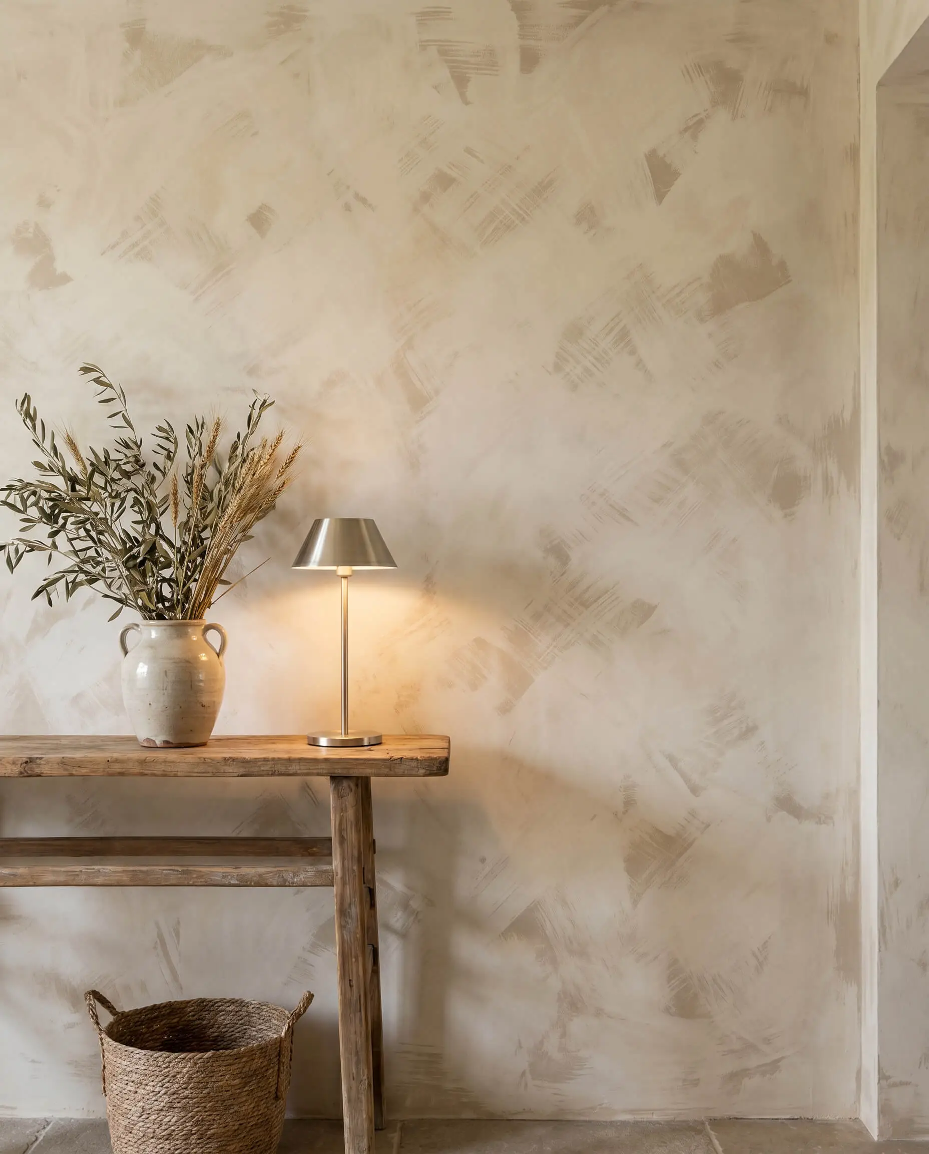 A solid wood console table holds a handmade ceramic vase and contemporary table lamp against a textured two-tone beige and cream limewash wall.