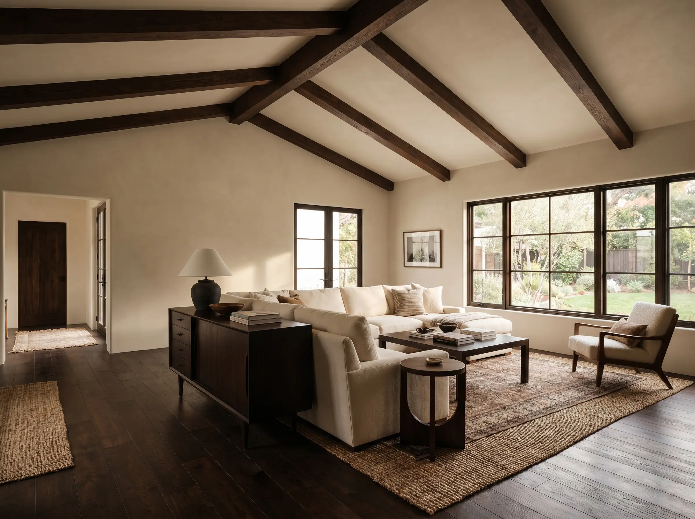Exposed dark walnut ceiling beams and espresso-stained oak flooring frame a plush cream sofa and mid-century credenza set against light beige drywall.