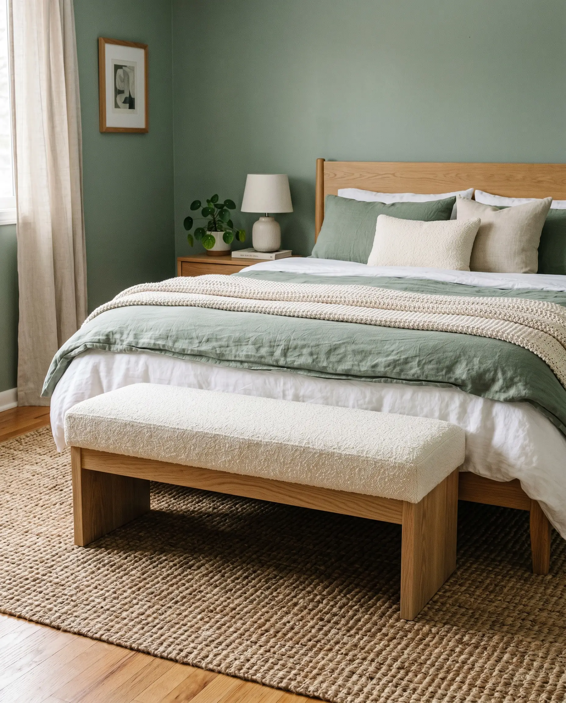 A sleek cream boucle upholstered bench with a rift-sawn white oak base floats over a natural jute rug near sage green walls.