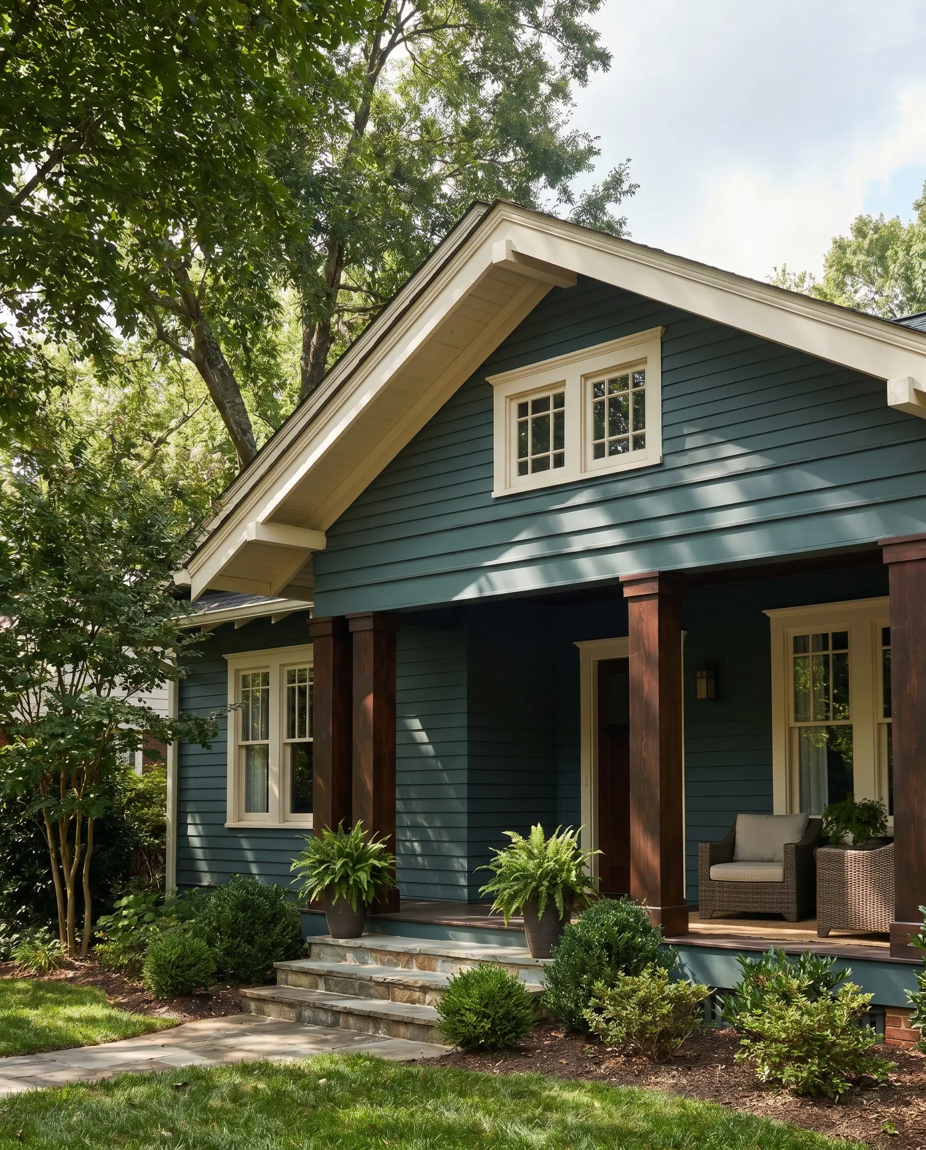 Moody teal-green exterior siding pairs with warm off-white trim and richly stained wood architectural pillars on a craftsman bungalow porch.
