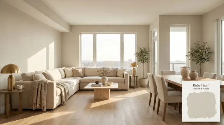 A photorealistic open-concept living and dining space painted in Benjamin Moore Baby Fawn (Hex #D9D3C4), featuring white oak flooring, travertine, and natural linen.