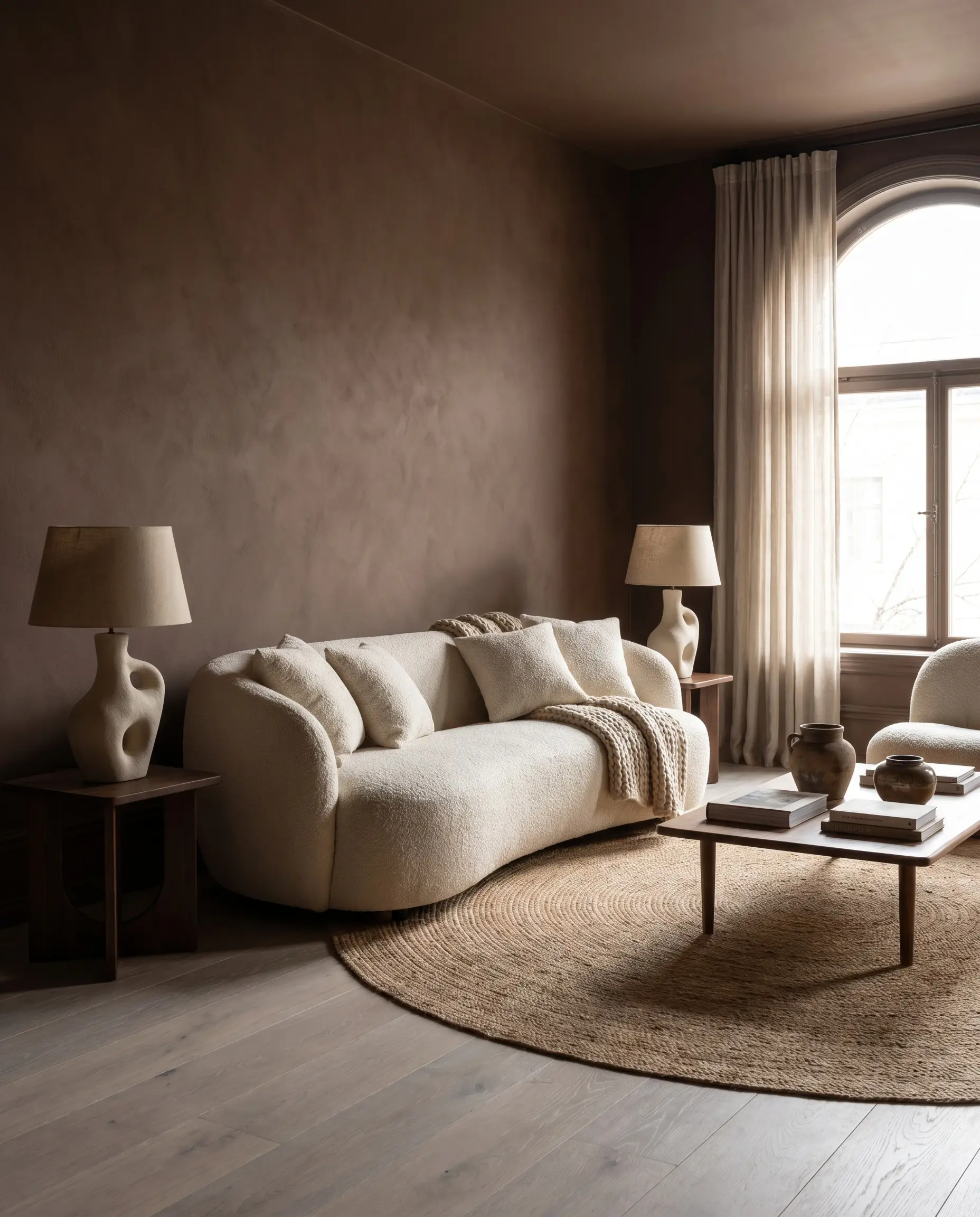 A plush cream bouclé sofa and ceramic table lamps complement Benjamin Moore Barista wall colors light oak flooring in this retro seventies revival lounge.
