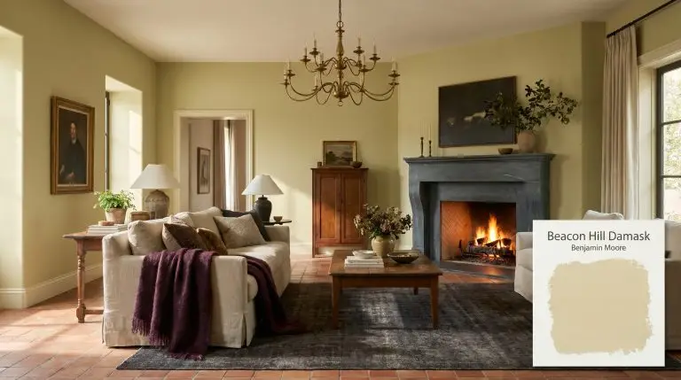 A honed soapstone fireplace anchors an elegant living room painted in Benjamin Moore Beacon Hill Damask (Hex #E5DBAB), featuring terracotta tile flooring and a slipcovered linen sofa.