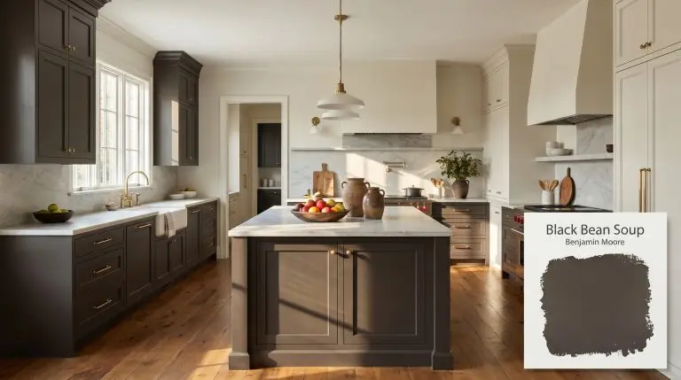 A photorealistic wide kitchen with a large central island painted in Benjamin Moore Black Bean Soup (Hex #453C39), featuring honed quartzite and unlacquered brass hardware.