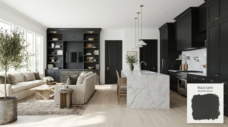 An expansive open-concept living room and kitchen featuring Benjamin Moore Black Satin (Hex #313435) custom cabinetry, pale bleached oak flooring, and a Carrara marble island.
