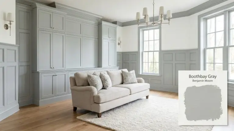 Transitional living room featuring built-in cabinetry painted in Benjamin Moore Boothbay Gray (Hex #AAB2B0) alongside warm white oak floors and polished nickel fixtures.
