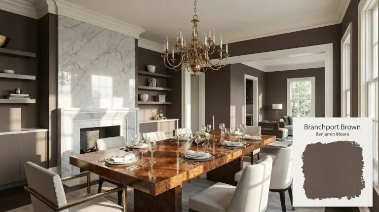 A formal dining room painted in Benjamin Moore Branchport Brown (Hex #60514A) featuring a honed Carrara marble fireplace and unlacquered brass chandelier.