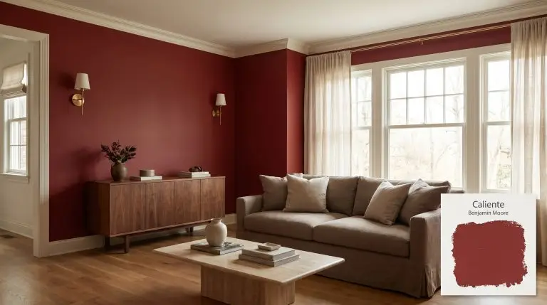 A sophisticated living room painted in Benjamin Moore Caliente (Hex #8A2728) features a rich walnut credenza, a muted clay slipcovered sofa, and a travertine coffee table.