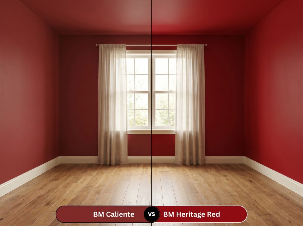 A side-by-side split-screen comparison of Benjamin Moore Caliente on the left and Benjamin Moore Heritage Red on the right, shown in a continuous living room with warm oak floors.