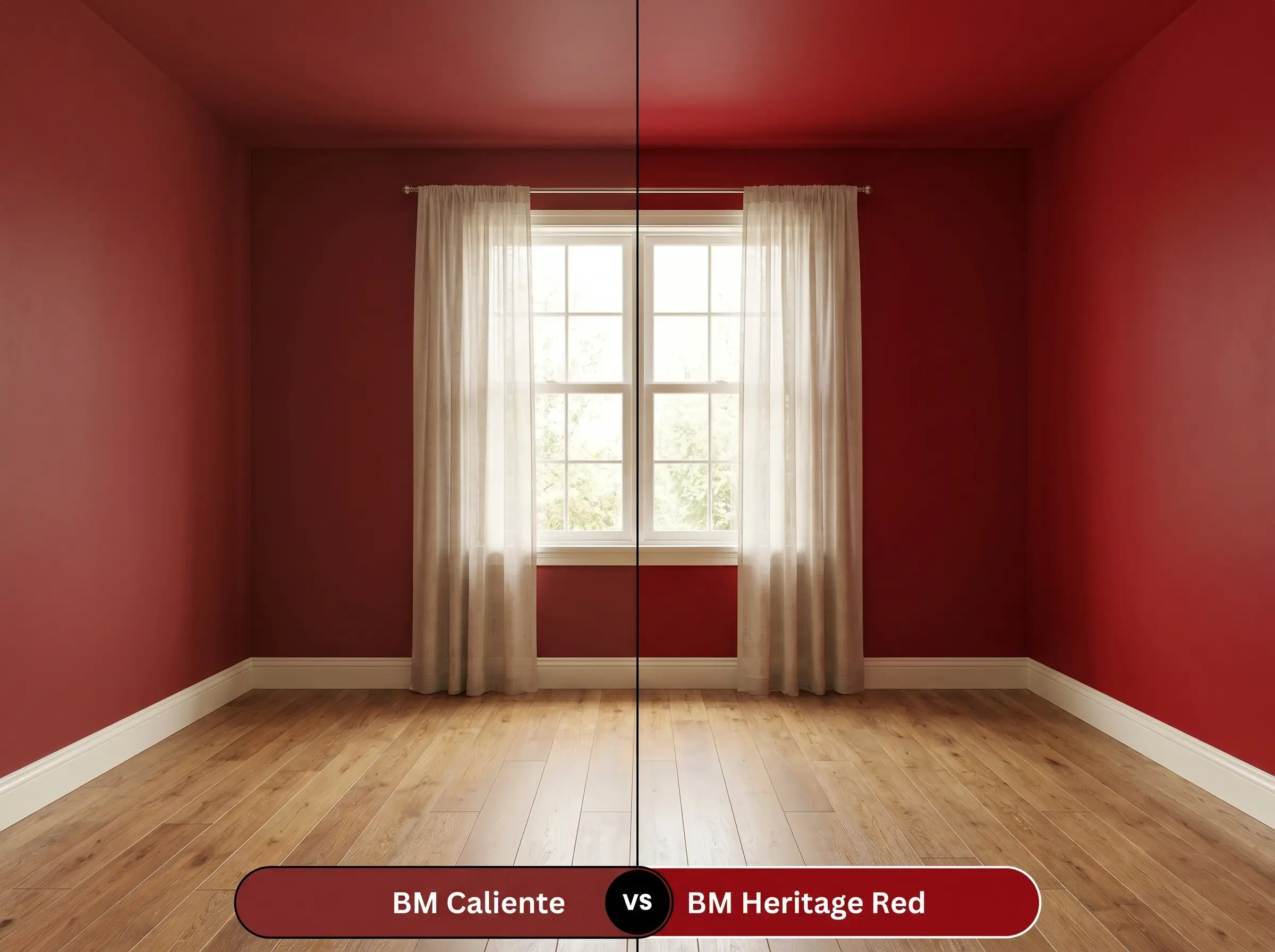 A side-by-side split-screen comparison of Benjamin Moore Caliente on the left and Benjamin Moore Heritage Red on the right, shown in a continuous living room with warm oak floors.