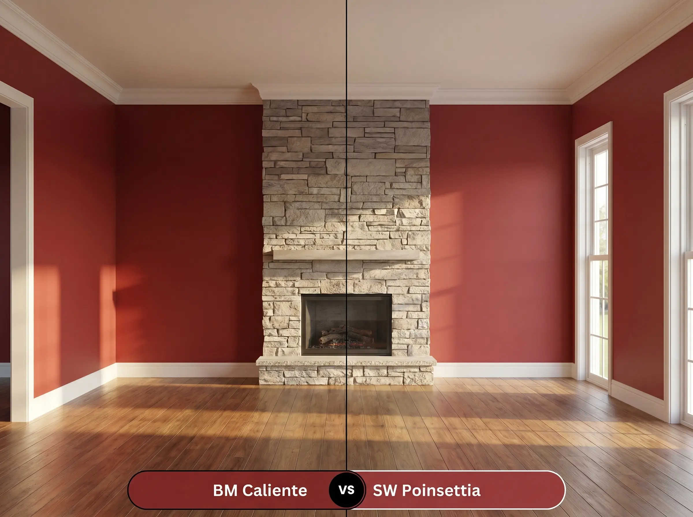 A side-by-side split-screen comparison of Benjamin Moore Caliente on the left and Sherwin-Williams Poinsettia on the right, shown in a living room featuring a modern stone fireplace.
