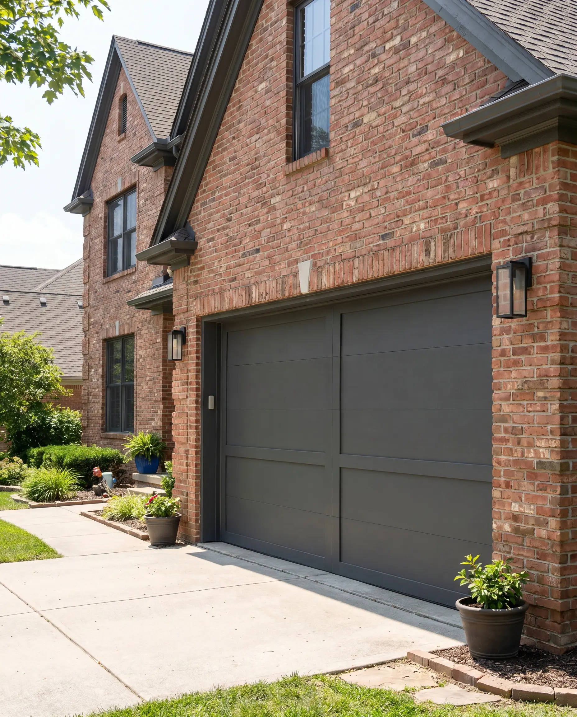 Deep charcoal double garage doors in a satin finish sit flush within a beautifully textured red brick facade flanked by elegant outdoor lighting.