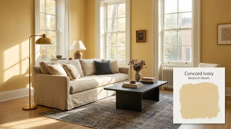 A slipcovered linen sofa and dark honed soapstone coffee table sit against walls painted in Benjamin Moore Concord Ivory (Hex #E7CD8D), accented by bleached oak floors.