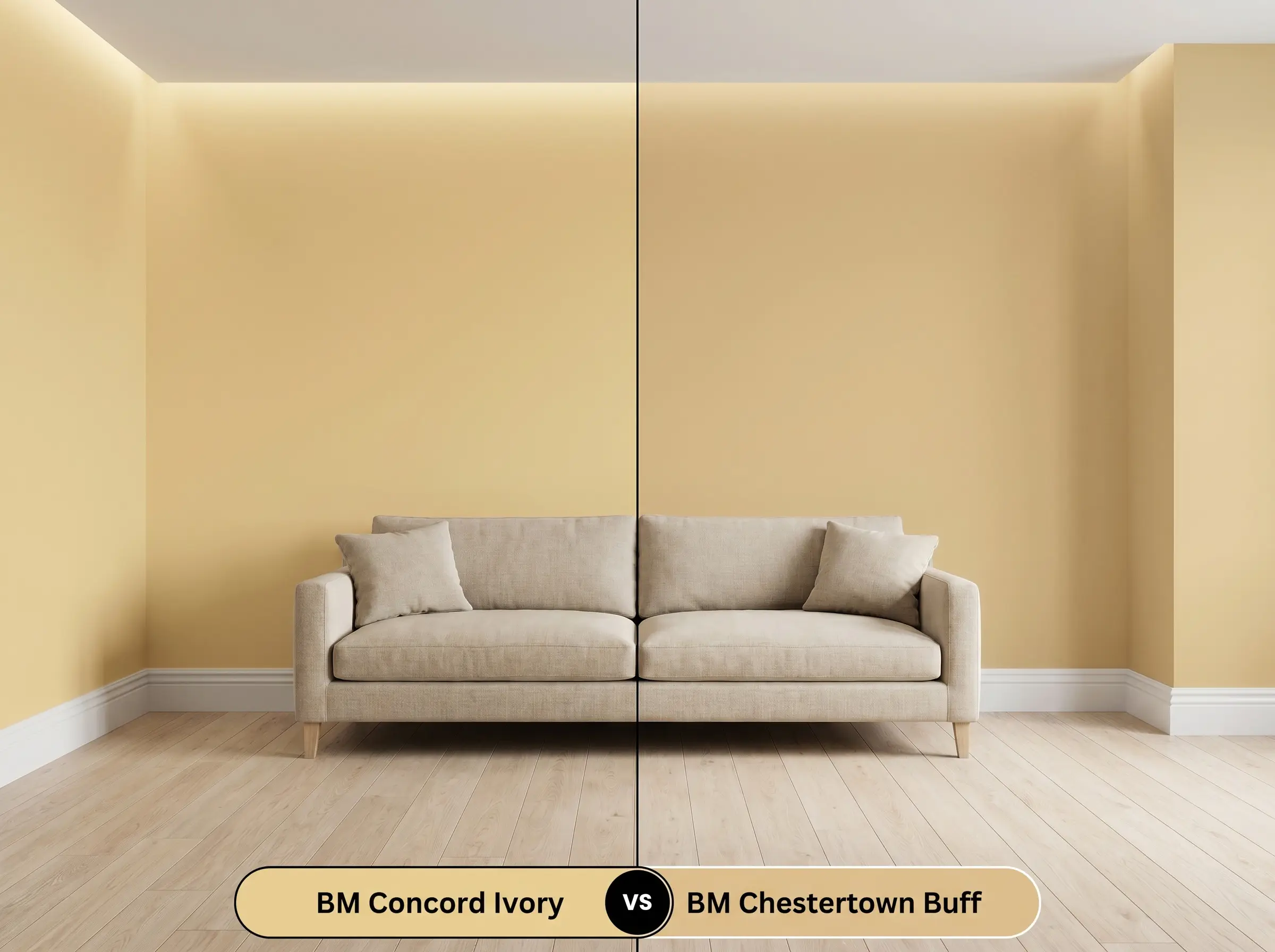A side-by-side split-screen comparison of Benjamin Moore Concord Ivory on the left and Benjamin Moore Chestertown Buff on the right, shown in a living room with bleached oak flooring.