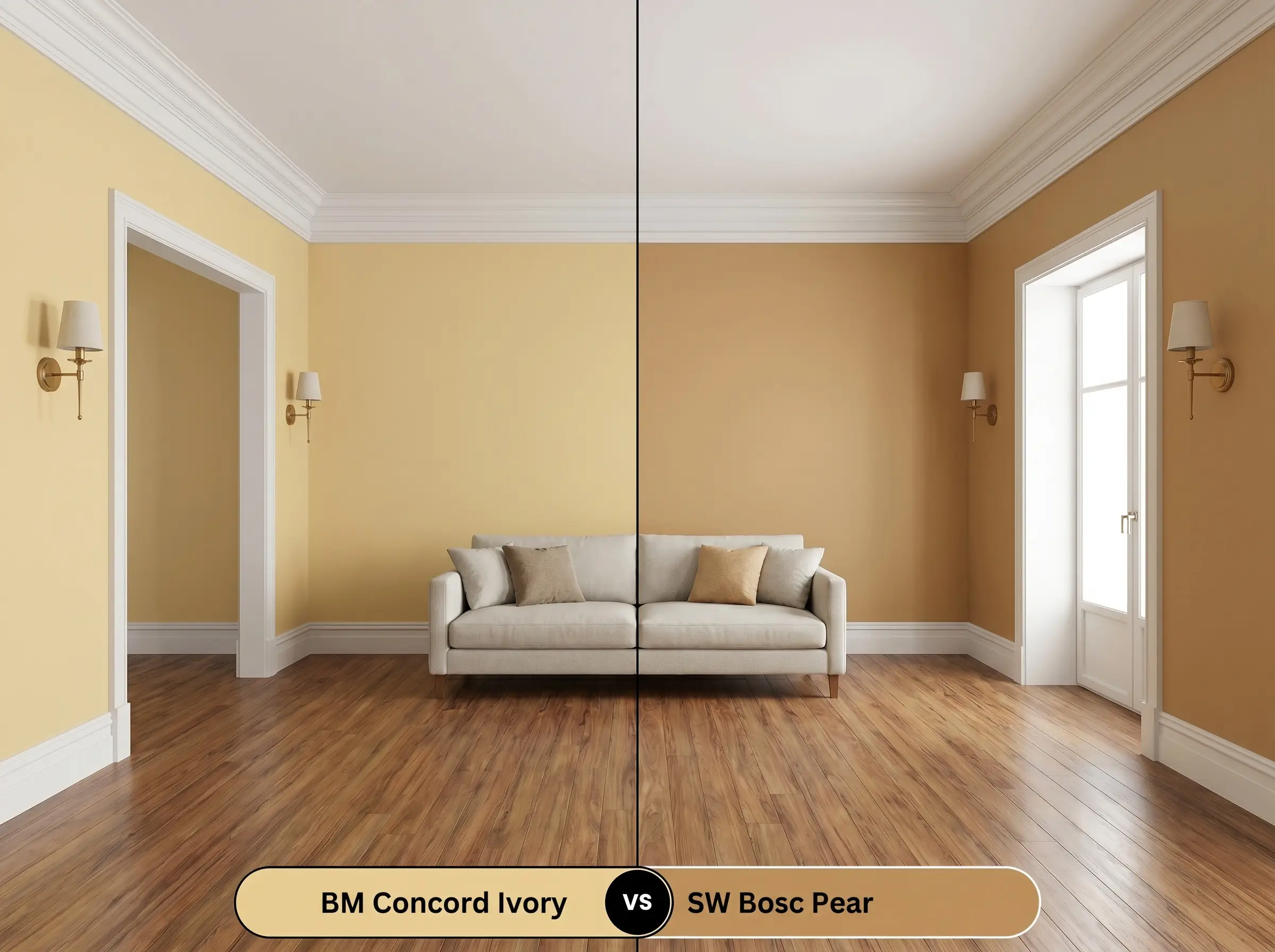 A side-by-side split-screen comparison of Benjamin Moore Concord Ivory on the left and Sherwin-Williams Bosc Pear on the right, shown in a living room featuring unlacquered brass wall sconces.