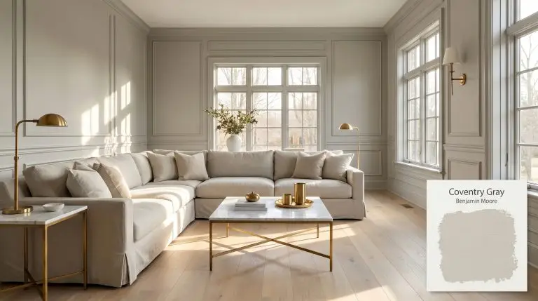 Bleached white oak floors and a heavy cotton canvas slipcovered sofa anchor a transitional living room painted in Benjamin Moore Coventry Gray (Hex #B8BAB6).