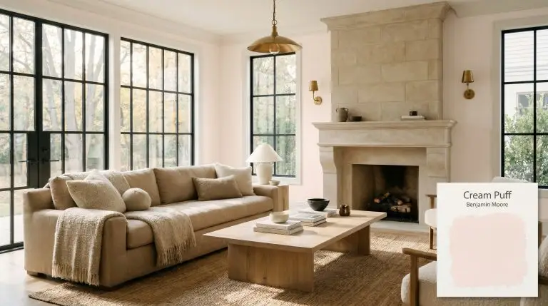 A transitional living room painted in Benjamin Moore Cream Puff (Hex #F9E9E4) features a tumbled limestone fireplace, matte black steel windows, and a warm beige sofa.