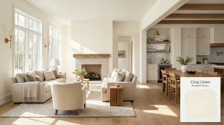 A sun-drenched living and dining space painted in Benjamin Moore Crisp Linen (Hex #F9F6E7), featuring matte white oak flooring, a honed limestone fireplace, and unlacquered brass sconces.