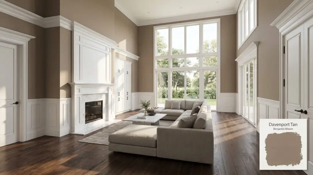 An expansive living room painted in Benjamin Moore Davenport Tan (Hex #8A7764) featuring stark white millwork, a Carrara marble fireplace, and dark walnut hardwood floors.