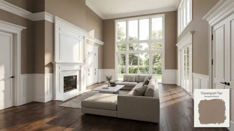 An expansive living room painted in Benjamin Moore Davenport Tan (Hex #8A7764) featuring stark white millwork, a Carrara marble fireplace, and dark walnut hardwood floors.