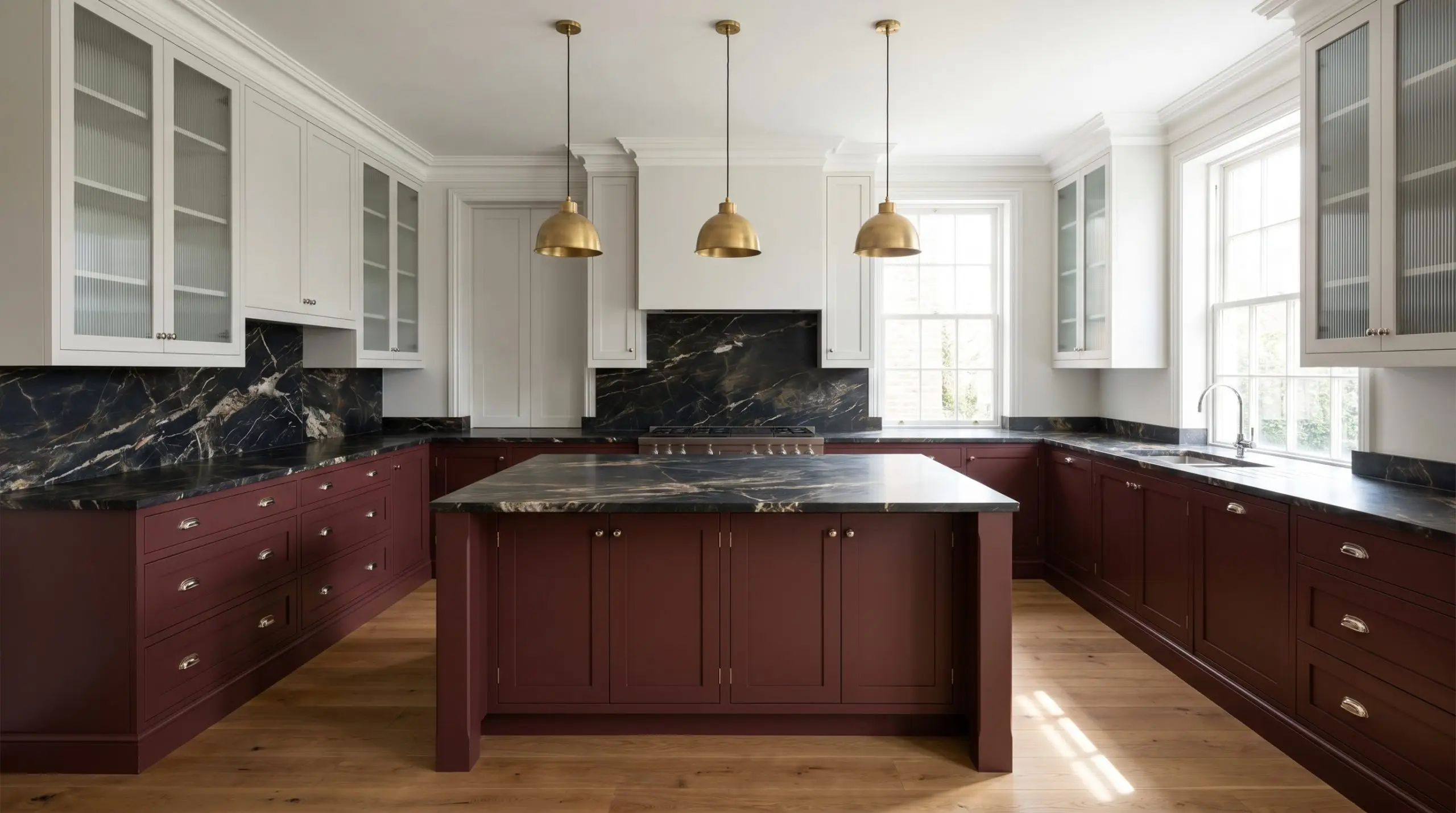 Lower cabinetry and a large central island painted in Benjamin Moore Dinner Party (Hex #763637) contrast against honed dark marble countertops and fluted glass upper cabinets.