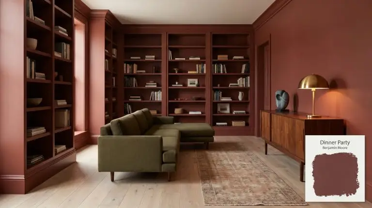 Floor-to-ceiling built-in bookcases and walls painted in Benjamin Moore Dinner Party (Hex #763637) envelop a mid-century walnut credenza and olive worsted wool sectional.