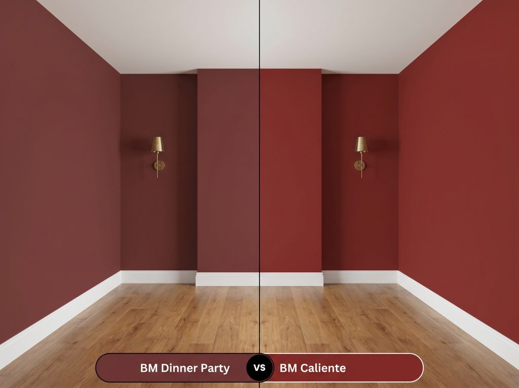 A side-by-side split-screen comparison of Benjamin Moore Dinner Party on the left and Benjamin Moore Caliente on the right, shown in a mirrored living room with warm oak flooring.