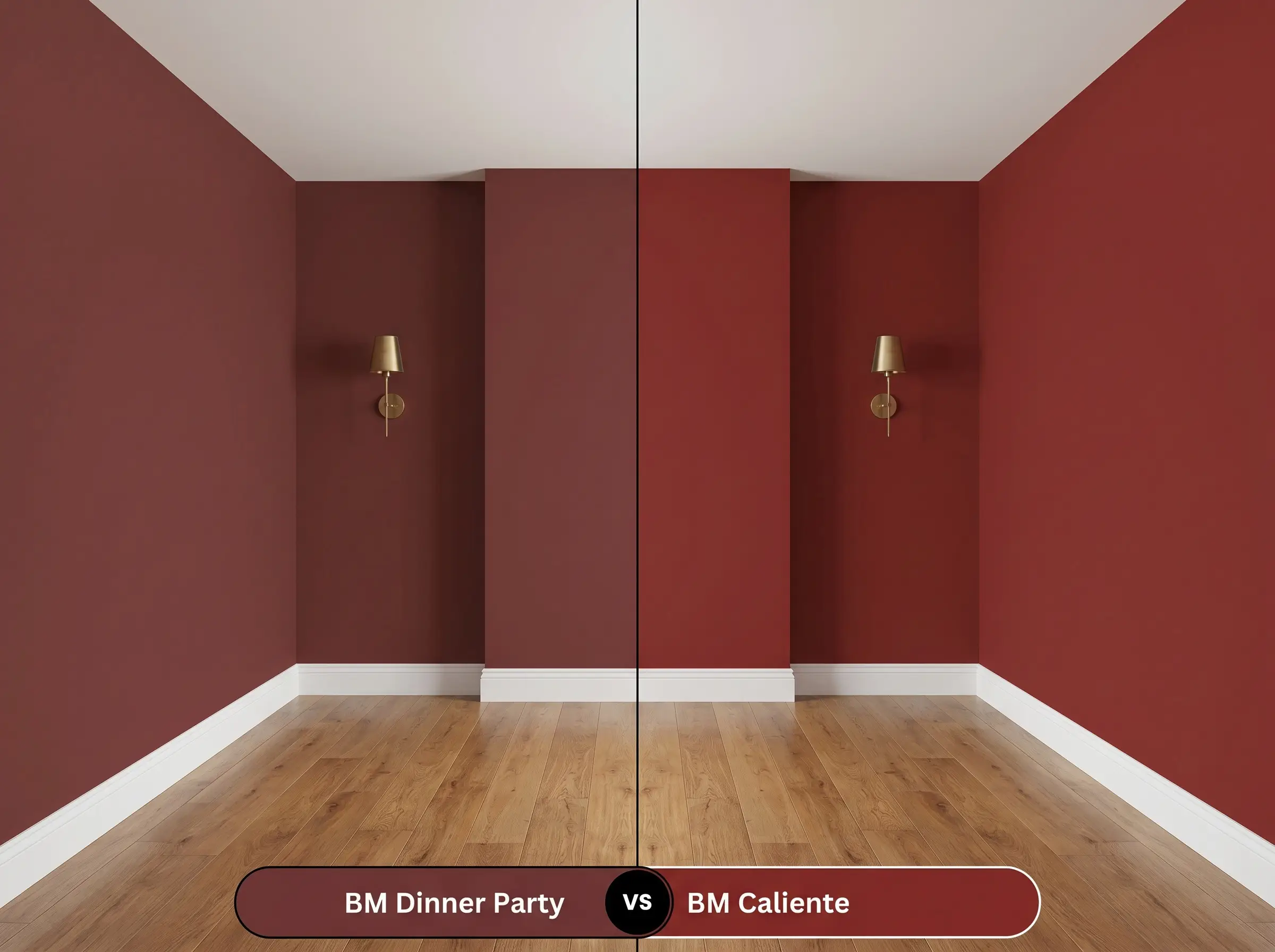A side-by-side split-screen comparison of Benjamin Moore Dinner Party on the left and Benjamin Moore Caliente on the right, shown in a mirrored living room with warm oak flooring.