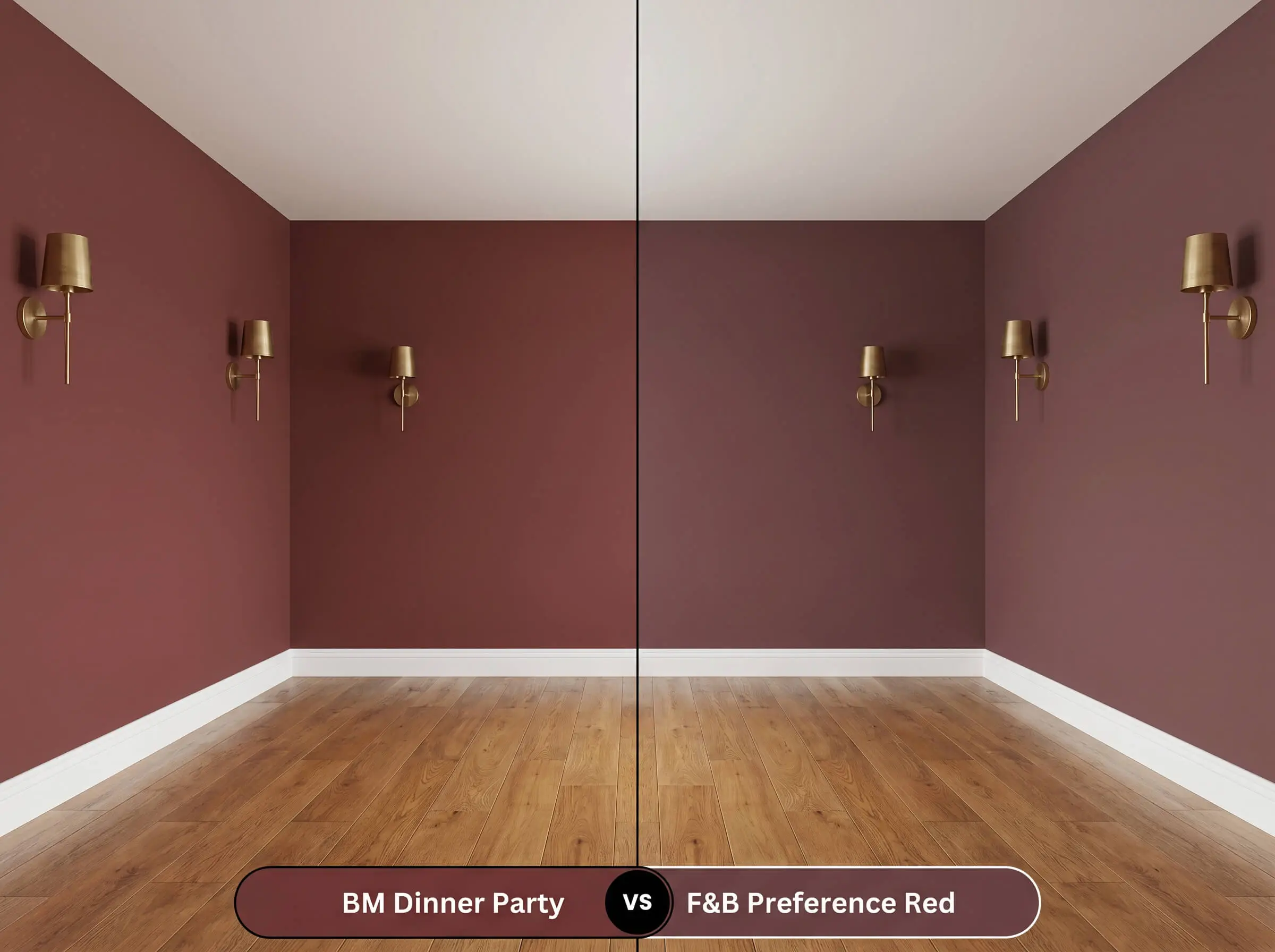 A side-by-side split-screen comparison of Benjamin Moore Dinner Party on the left and Farrow & Ball Preference Red on the right, shown in a living room with white baseboards.