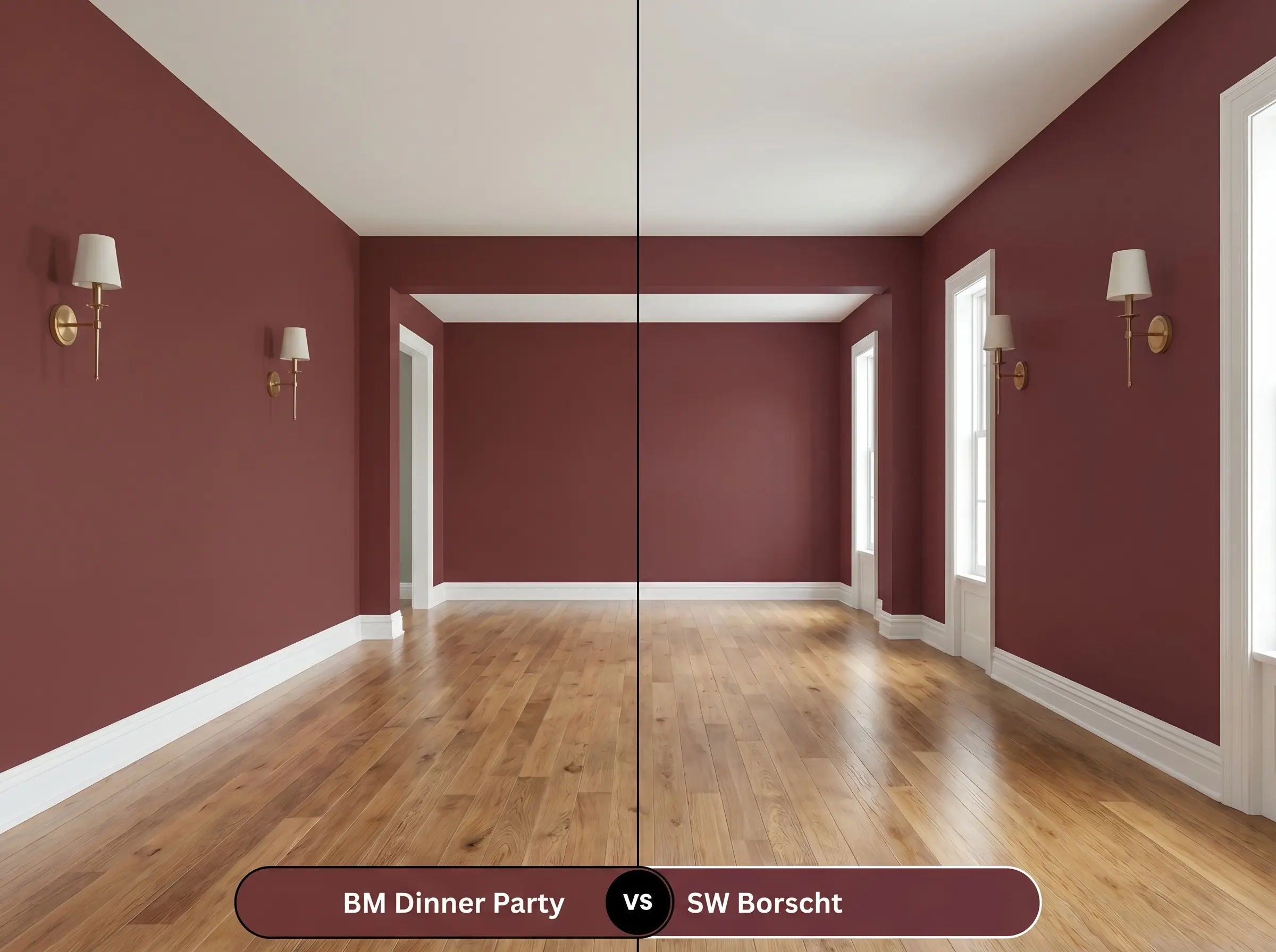 A side-by-side split-screen comparison of Benjamin Moore Dinner Party on the left and Sherwin-Williams Borscht on the right, shown in a living room with unlacquered brass sconces.