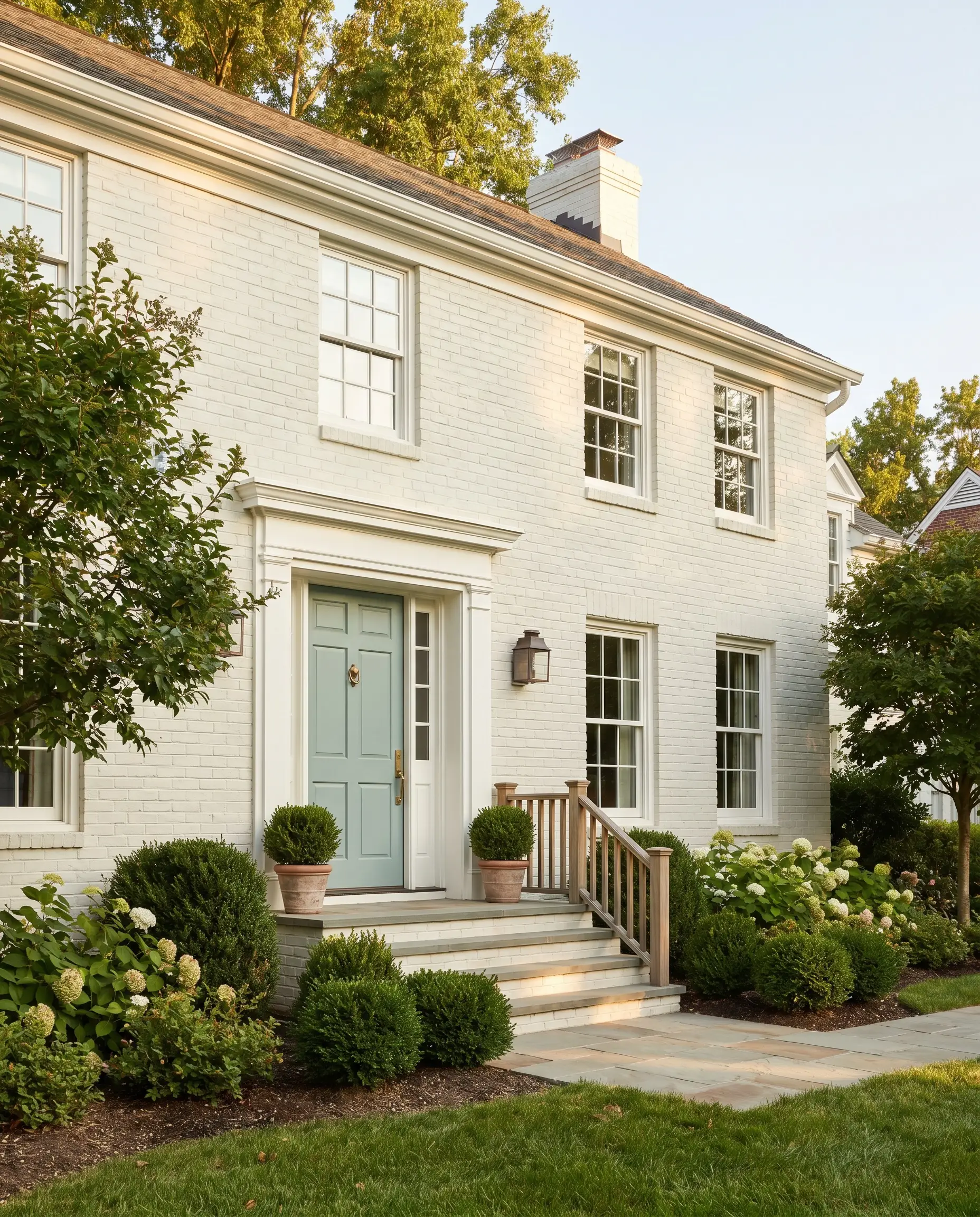 A muted historical white painted brick exterior pairs with crisp white trim and a muted blue-green front door on a front stoop.