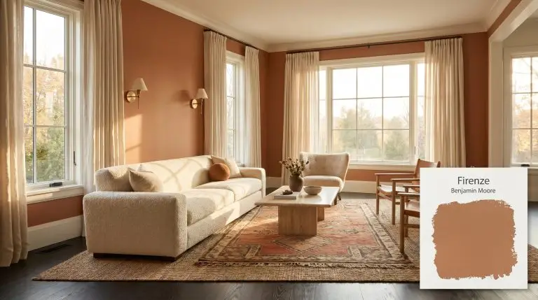 A chunky cream bouclé sofa and honed travertine coffee table sit in a modern living room painted in Benjamin Moore Firenze (Hex #B87450).