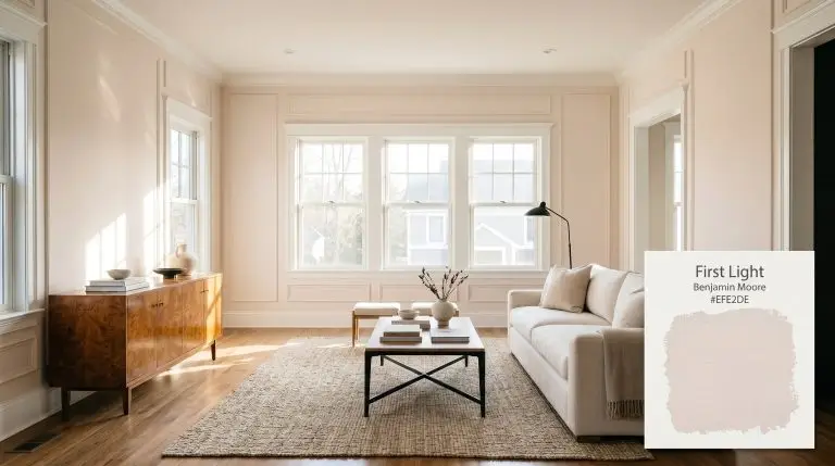 A transitional living room features walls painted in Benjamin Moore First Light (Hex #EFE2DE), crisp white picture molding, a plush linen sofa, and a mid-century burl wood credenza.