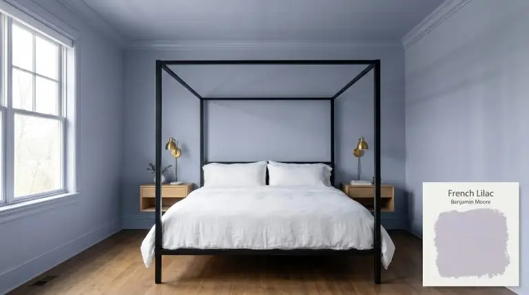 A sophisticated primary bedroom completely color-drenched in Benjamin Moore French Lilac (Hex #C7C3D9) features a blackened steel canopy bed and floating white oak nightstands.