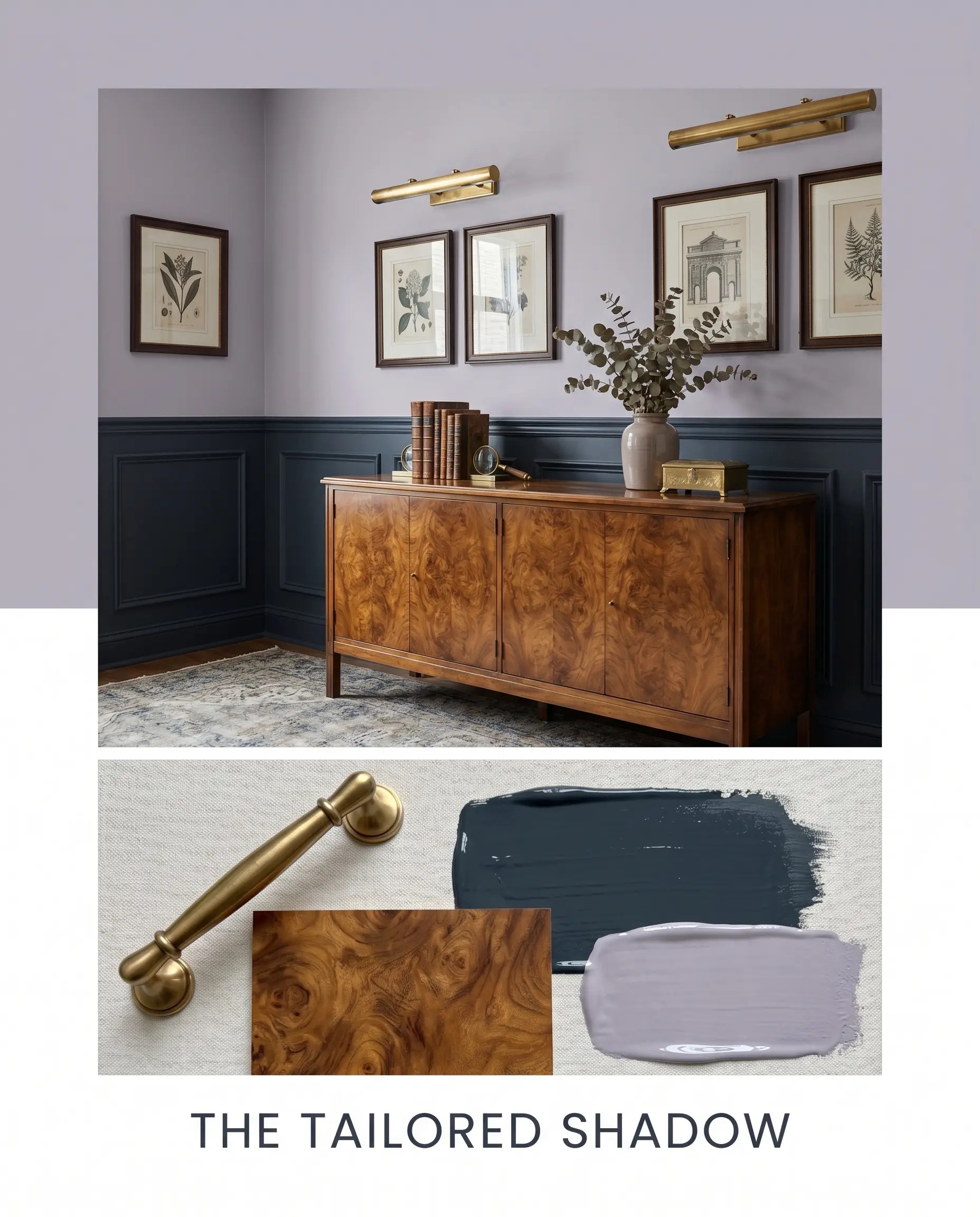 A curated flat-lay featuring a burled wood sample and brass hardware sits below a photorealistic room shot highlighting pastel purple walls and dark wainscoting.