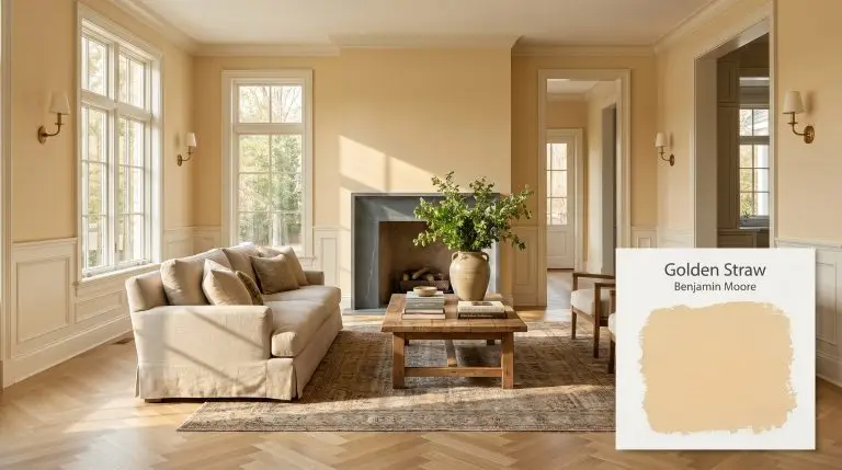 A grand transitional living space painted in Benjamin Moore Golden Straw (Hex #EFDDB5), featuring white oak herringbone floors, honed soapstone, and unlacquered brass.