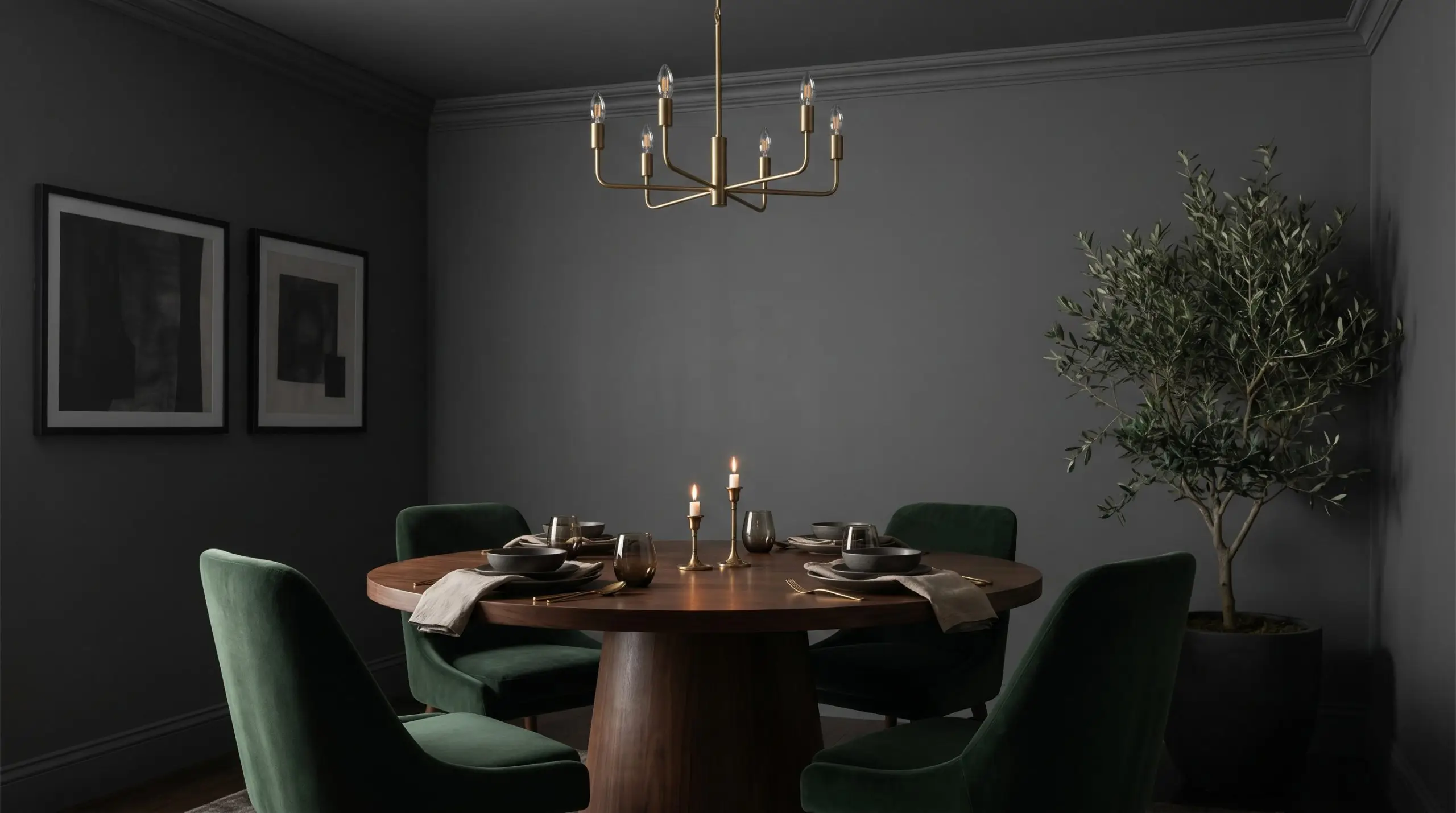 A rich walnut pedestal dining table and plush velvet seating sit within an enveloping dining room featuring matte charcoal walls and crown molding.