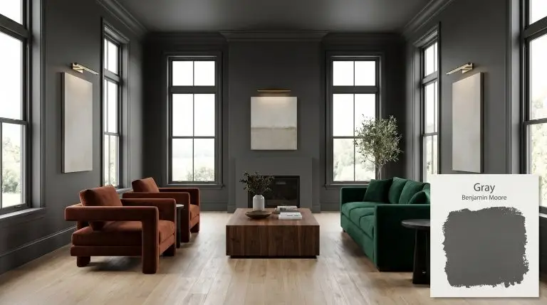 A highly sophisticated living room features color-drenched walls painted in Benjamin Moore Gray (Hex #585858), a rich walnut coffee table, and plush velvet seating.