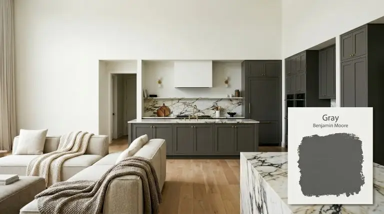 Custom lower cabinetry painted in Benjamin Moore Gray (Hex #585858) contrasts with warm white oak flooring, veined marble countertops, and worsted wool modular seating.