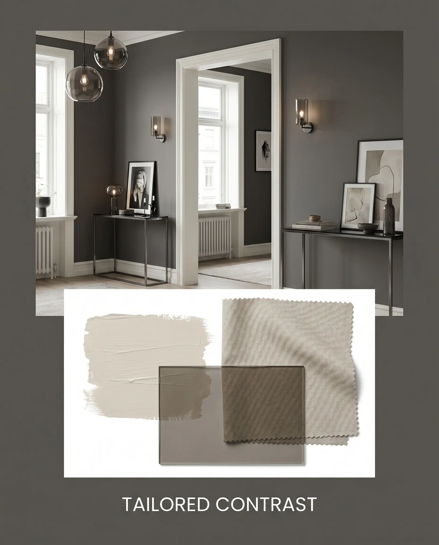 An editorial layout features Benjamin Moore Gray (Hex #585858) walls framed by razor-sharp trim above a flat-lay of smoked glass and slipcover fabric.