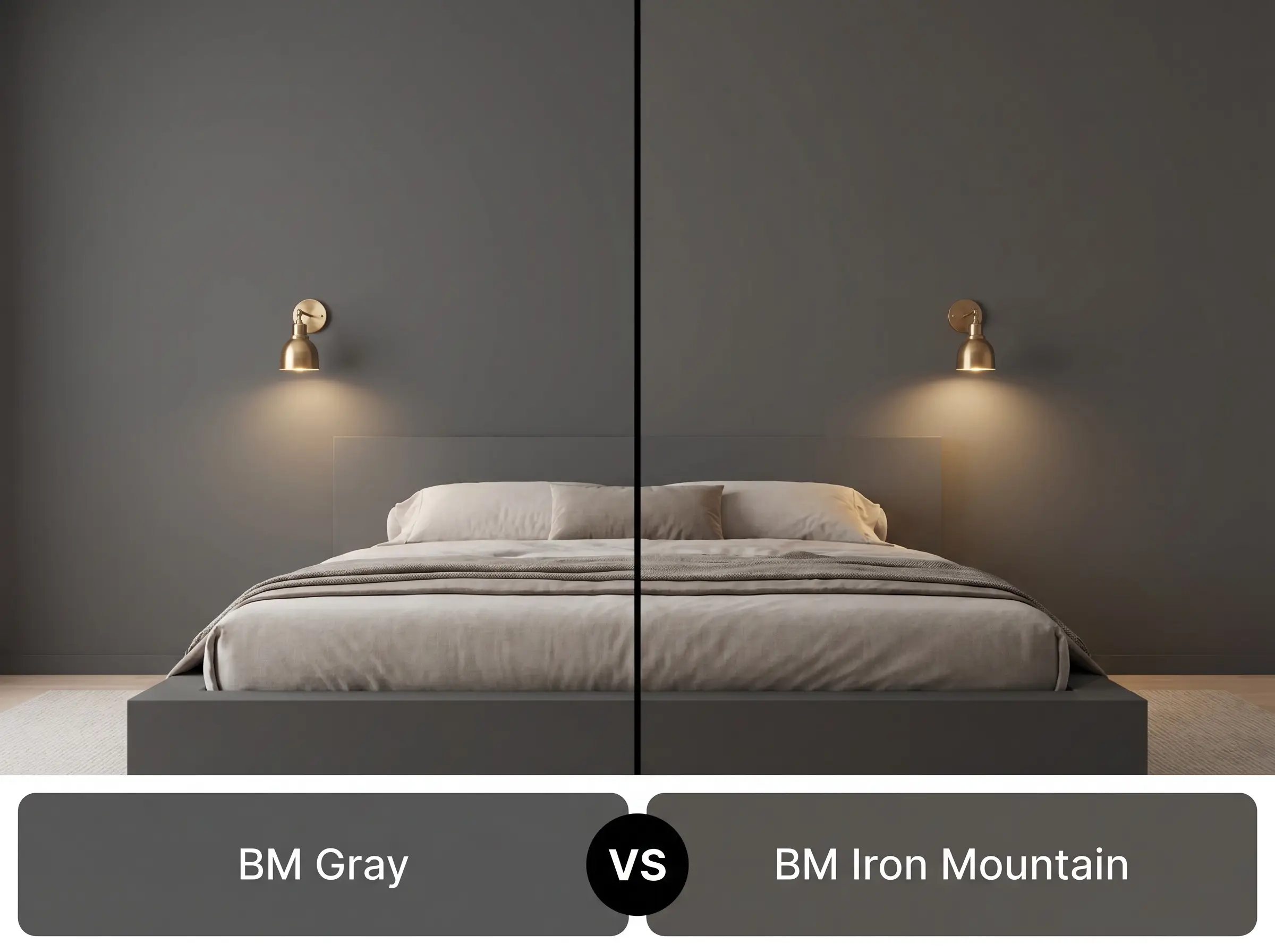 A side-by-side split-screen comparison of Benjamin Moore Gray on the left and Benjamin Moore Iron Mountain on the right, shown in a cozy bedroom.