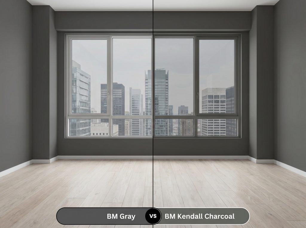 A side-by-side split-screen comparison of Benjamin Moore Gray on the left and Benjamin Moore Kendall Charcoal on the right, shown in a contemporary living room.