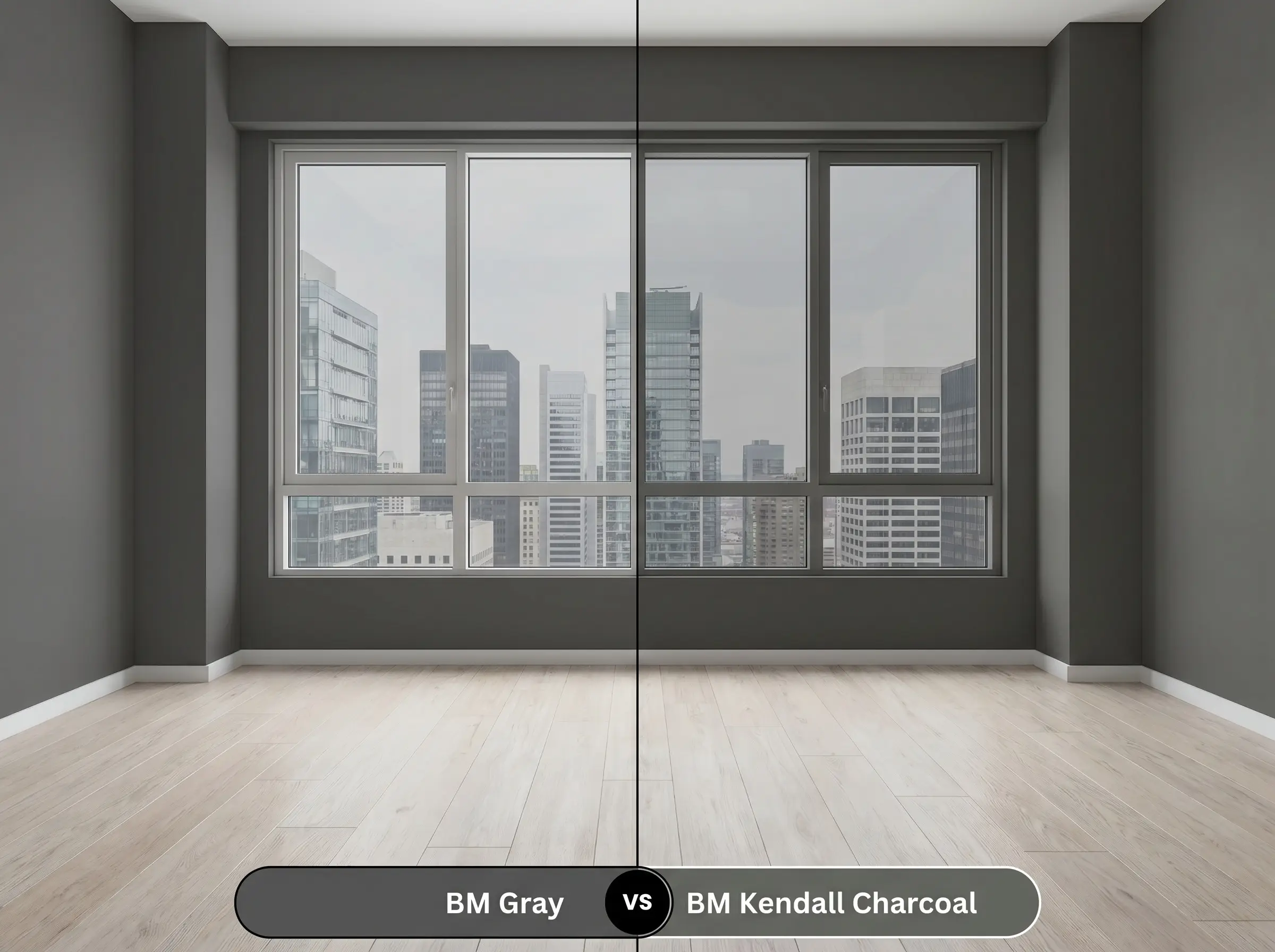 A side-by-side split-screen comparison of Benjamin Moore Gray on the left and Benjamin Moore Kendall Charcoal on the right, shown in a contemporary living room.
