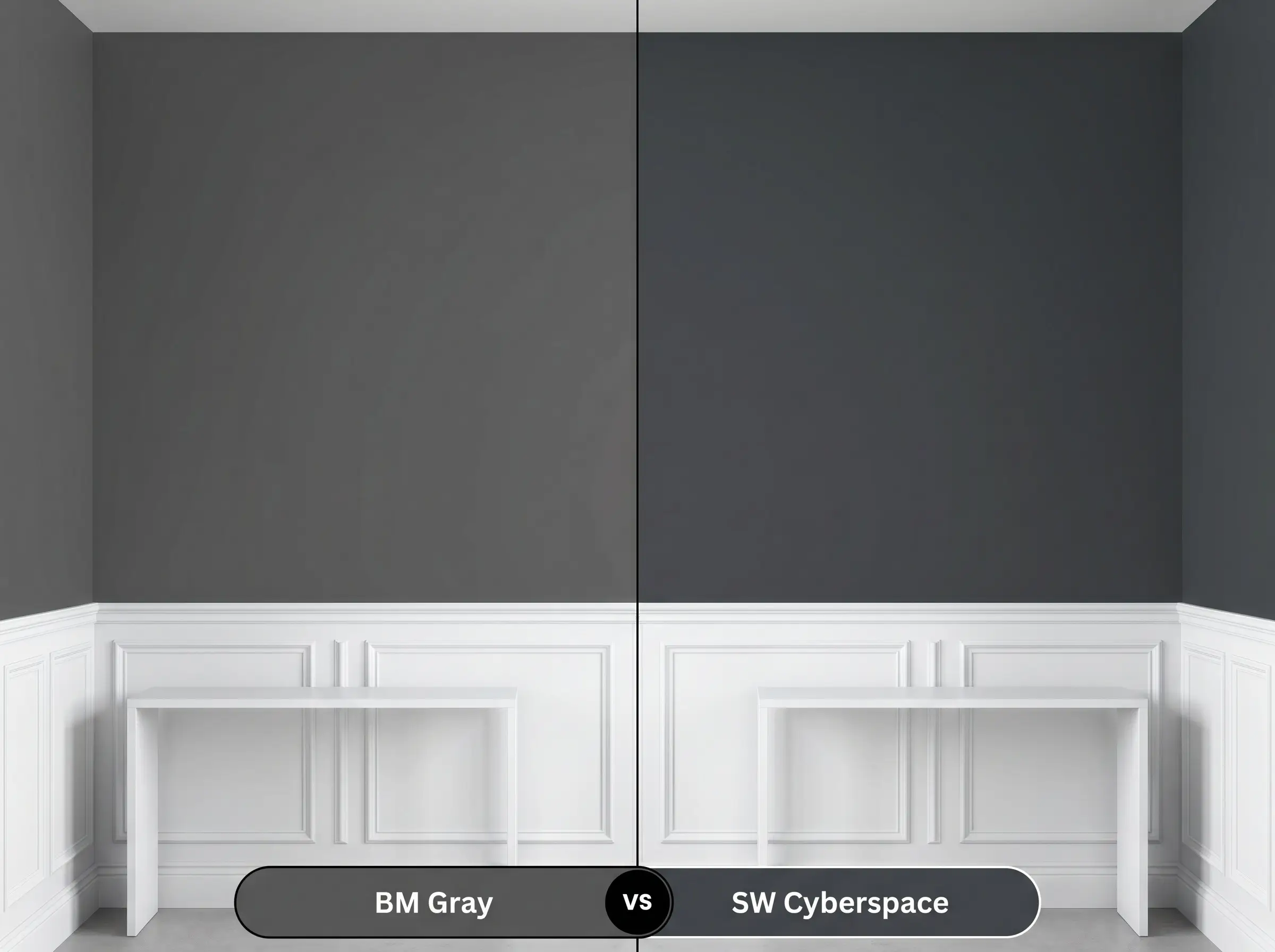 A side-by-side split-screen comparison of Benjamin Moore Gray on the left and Sherwin-Williams Cyberspace on the right, shown in a tailored entryway.