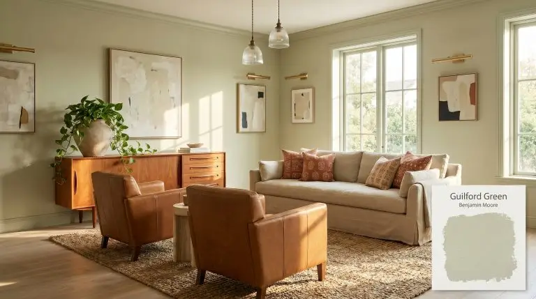 A transitional living room painted in Benjamin Moore Guilford Green (Hex #CBCDAE) features a slipcovered sofa, saddle leather chairs, and a teak sideboard.