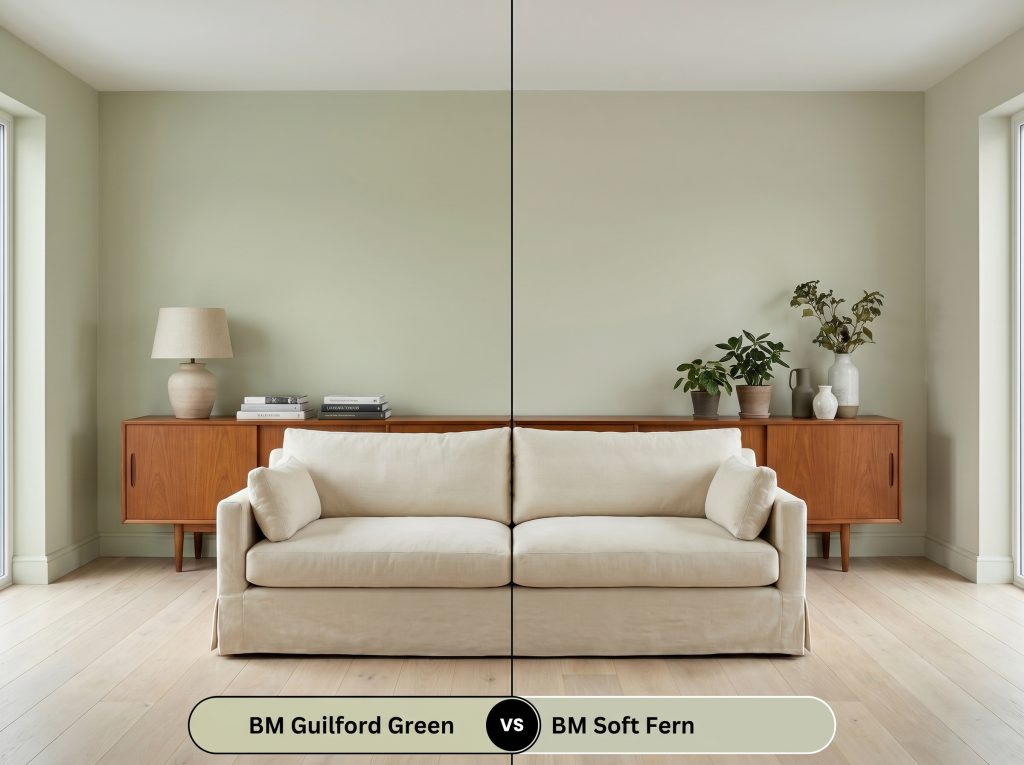 A side-by-side split-screen comparison of Benjamin Moore Guilford Green on the left and Benjamin Moore Soft Fern on the right, shown in a north-facing living room featuring a teak sideboard.