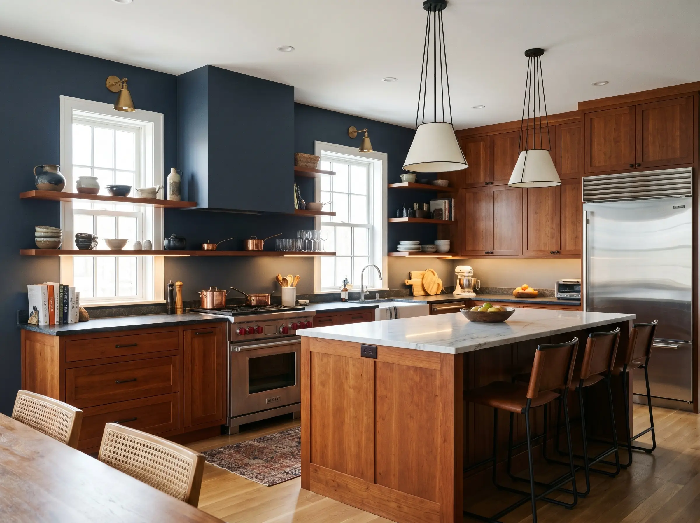 Deeply saturated Benjamin Moore Hale Navy walls create a striking contrast against vibrant orange-red cherry wood cabinets in this coastal modern kitchen.