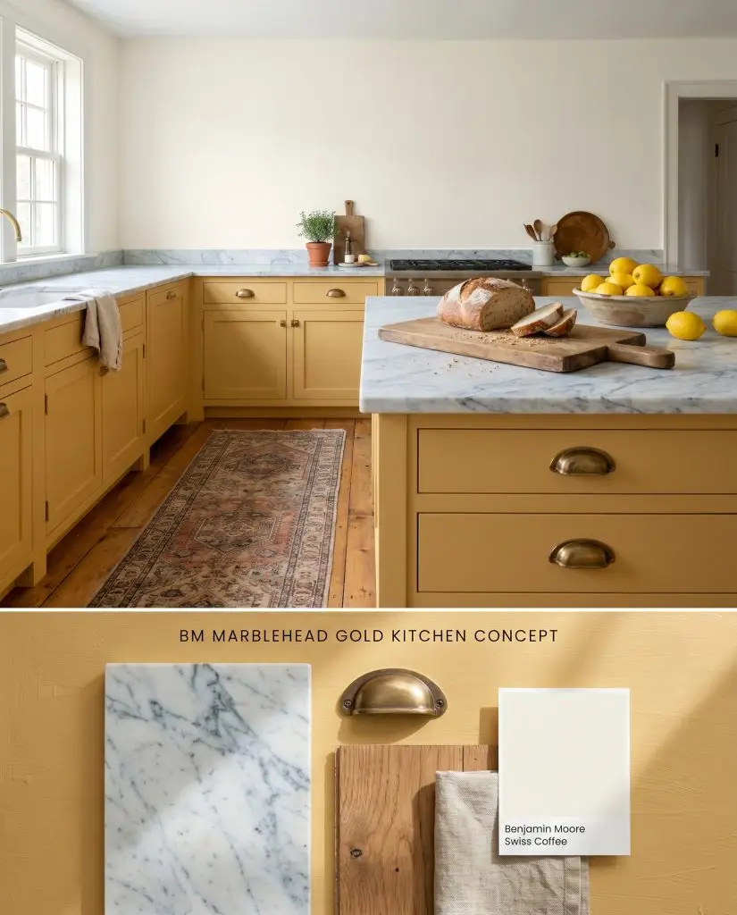A split digital conceptual board for a kitchen showcasing lower cabinetry painted in an earthy ochre, layered over physical samples of Carrara marble and unlacquered brass.