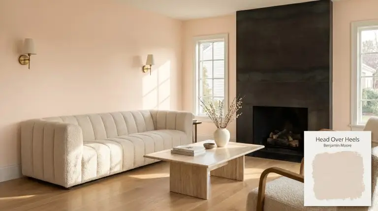 A sophisticated pastel living room painted in Benjamin Moore Head Over Heels (Hex #EFDED2) features a nubby bouclé sofa and a blackened steel fireplace.