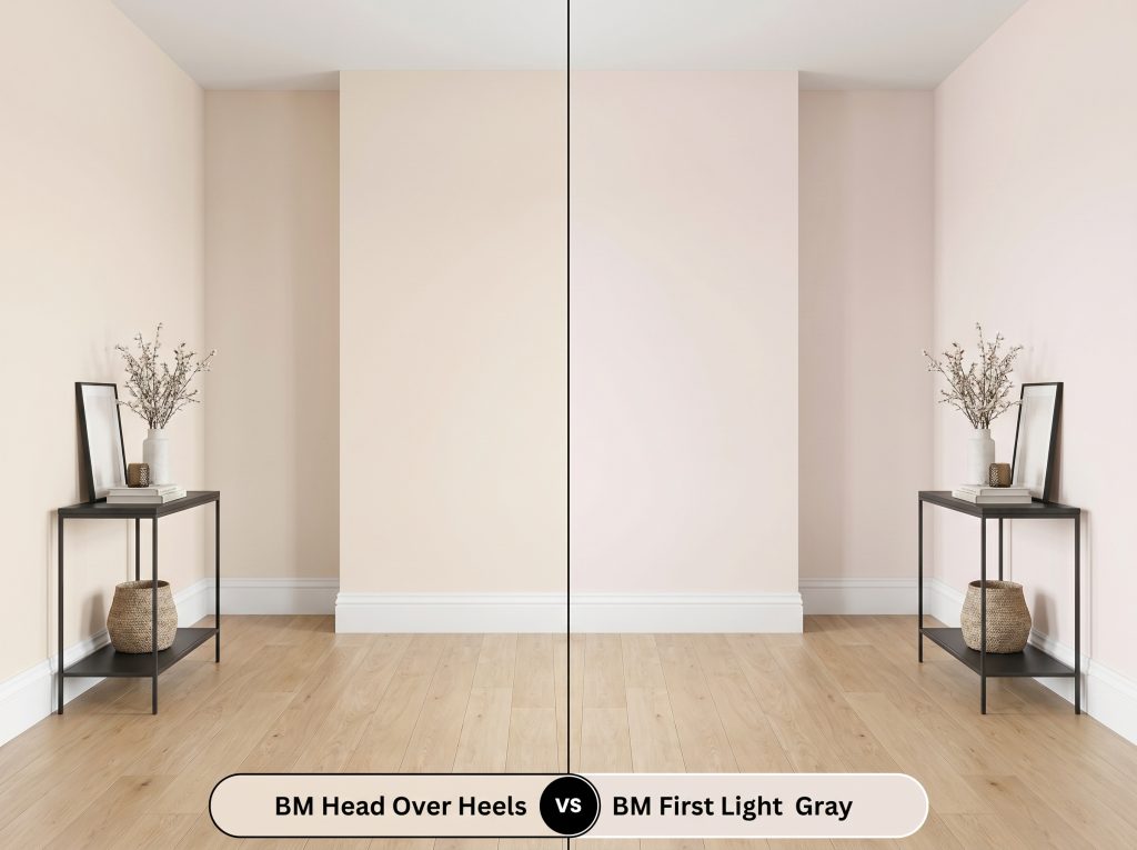 A side-by-side split-screen comparison of Benjamin Moore Head Over Heels on the left and Benjamin Moore First Light on the right, shown in a living room with white oak floors.